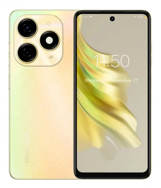 Tecno Spark 20 smartphone showcasing its sleek design and triple camera setup.