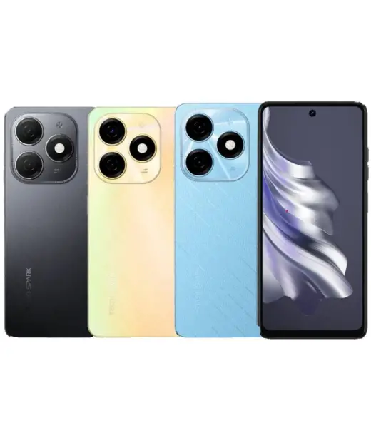 Tecno Spark 20 smartphones in various colors with a display model