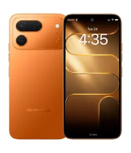 Tecno Spark 50 Pro smartphone in orange color with dual cameras and display showing time.