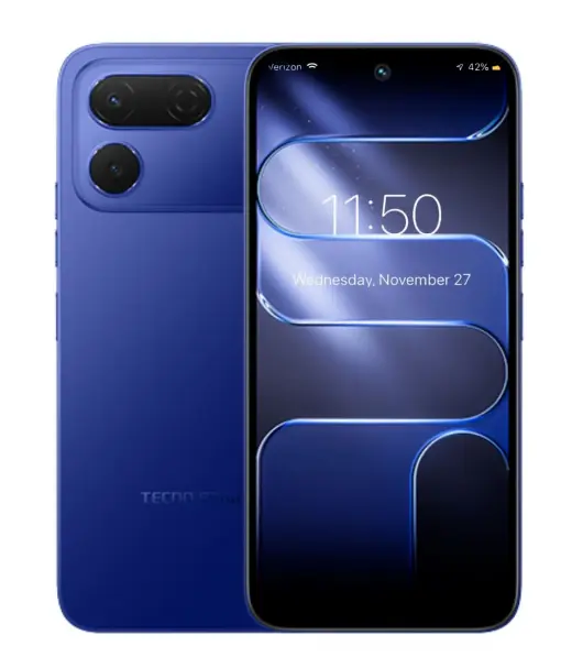 Tecno Spark 50 Pro smartphone in blue color with dual rear cameras and a vibrant display