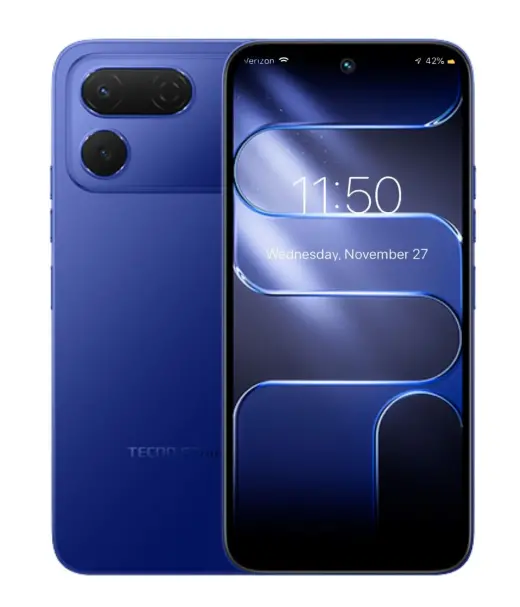 Tecno Spark 50 Pro smartphone in blue color with dual rear cameras and a vibrant display