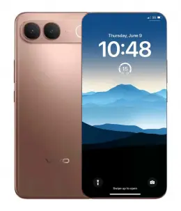 Vivo S2 smartphone displaying a mountain landscape wallpaper with time and date on the screen.