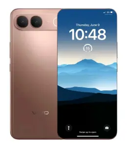 Vivo S2 smartphone displaying a mountain landscape wallpaper with time and date on the screen.