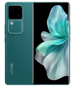 Vivo V30 smartphone in teal color showcasing its sleek design and display
