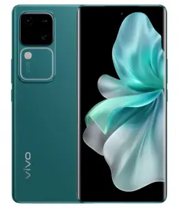 Vivo V30 smartphone in teal color showcasing its sleek design and display
