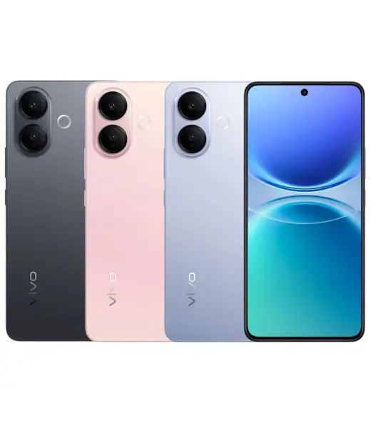 Vivo V70 Lite smartphones in black, pink, and blue colors with dual cameras and a large display.