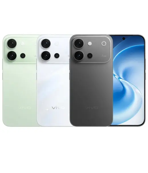 Vivo V80 smartphones in green, white, and gray colors with a blue display.