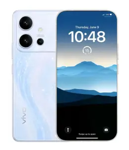 Vivo V80 smartphone displaying a mountain landscape wallpaper and sleek design.