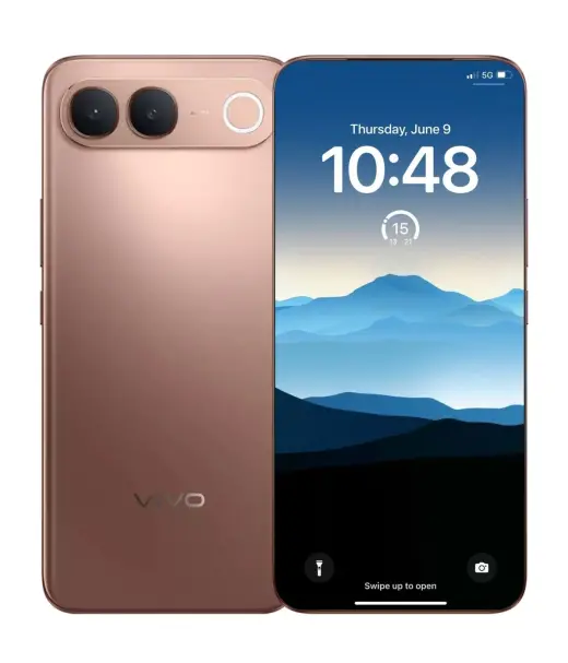Vivo V80 Lite smartphone in rose gold with dual cameras and mountain wallpaper