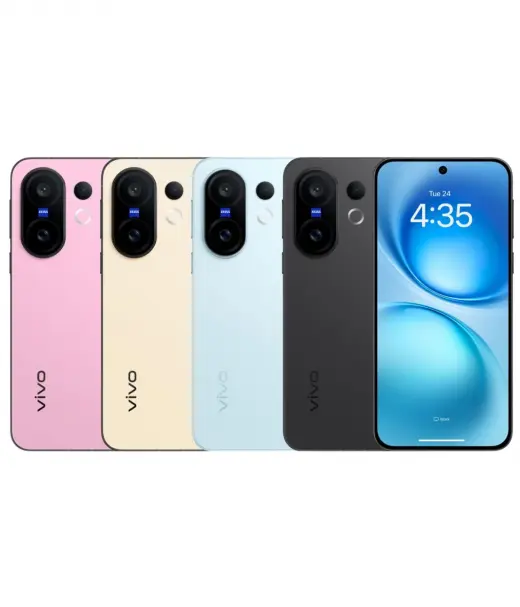 Vivo X200 FE smartphones in pink, cream, blue, and black colors with a display showing the time.