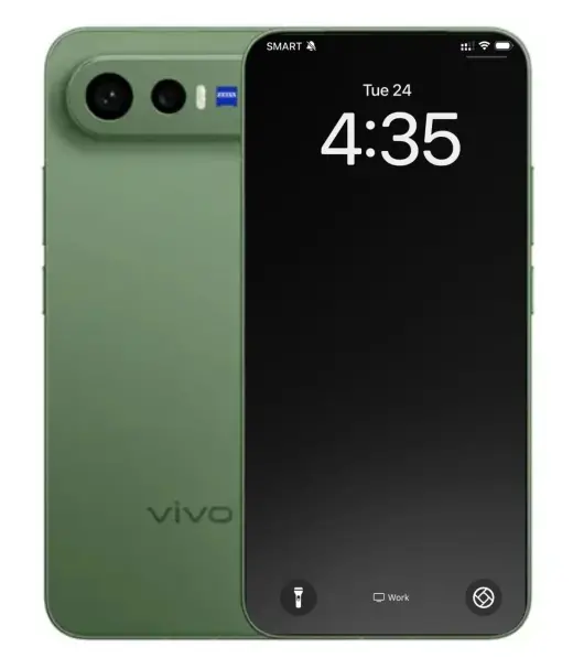 Vivo X300 FE smartphone in green with dual cameras and lock screen display