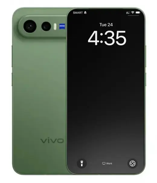 Vivo X300 FE smartphone in green with dual cameras and lock screen display