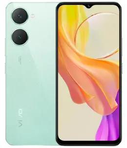 Vivo Y03 smartphone in mint green color showcasing dual rear cameras and vibrant display