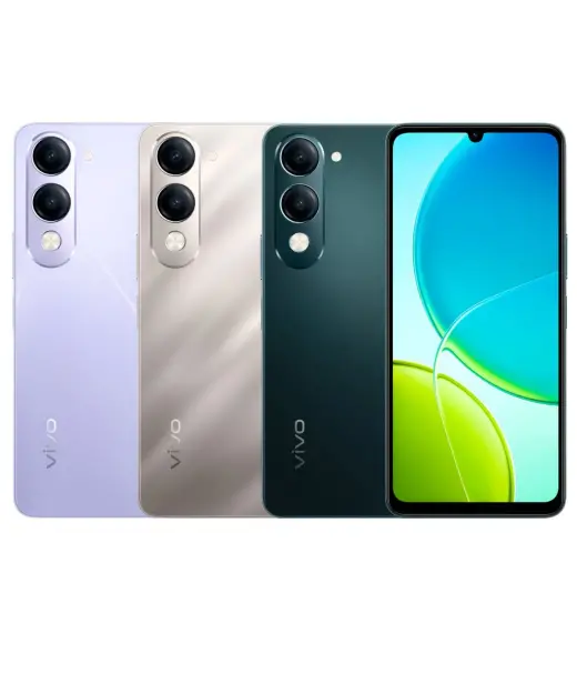 Vivo Y04 smartphone in three colors: purple, silver, and green with dual cameras.