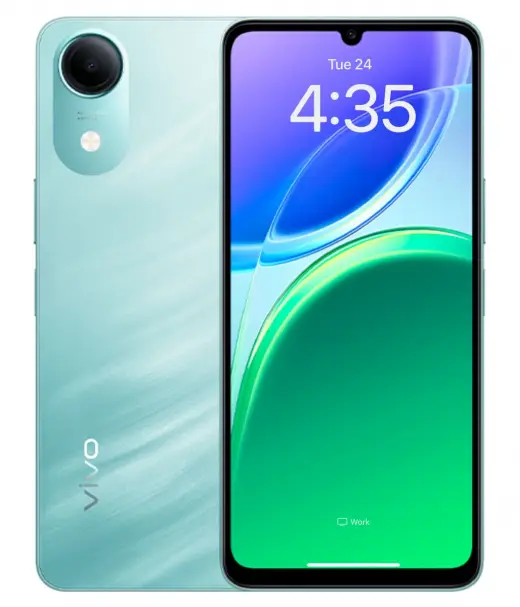 Vivo Y05e smartphone with a light blue back and vibrant display showing the time 4:35.