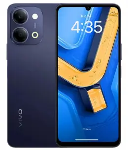 Vivo Y11d smartphone with dual cameras and blue abstract wallpaper