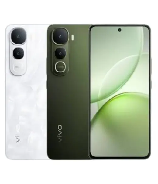 Vivo Y400 smartphone in white and green colors showcasing dual cameras and sleek design.