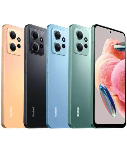 Xiaomi Redmi Note 12 smartphones in four colors: gold, black, blue, and green.
