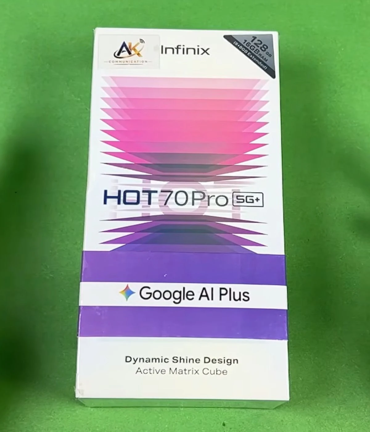 Infinix HOT 70 Pro 5G+ smartphone box showcasing dynamic design and specifications.