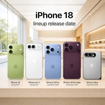 iPhone 18 lineup showcasing various models and their release dates in a modern setting