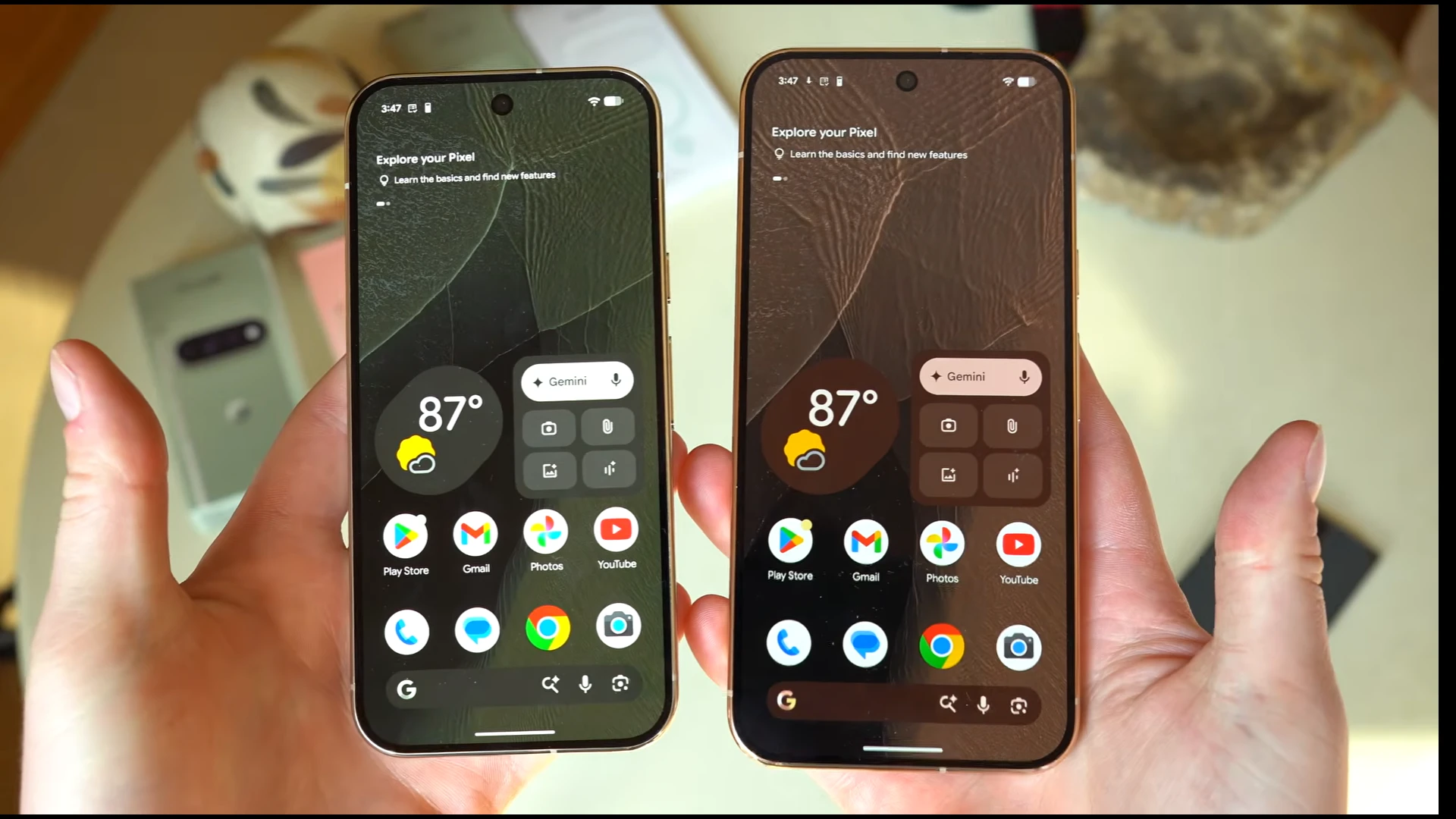 Comparison of Pixel 11 Pro and Pixel 11 Pro XL smartphones displaying home screens