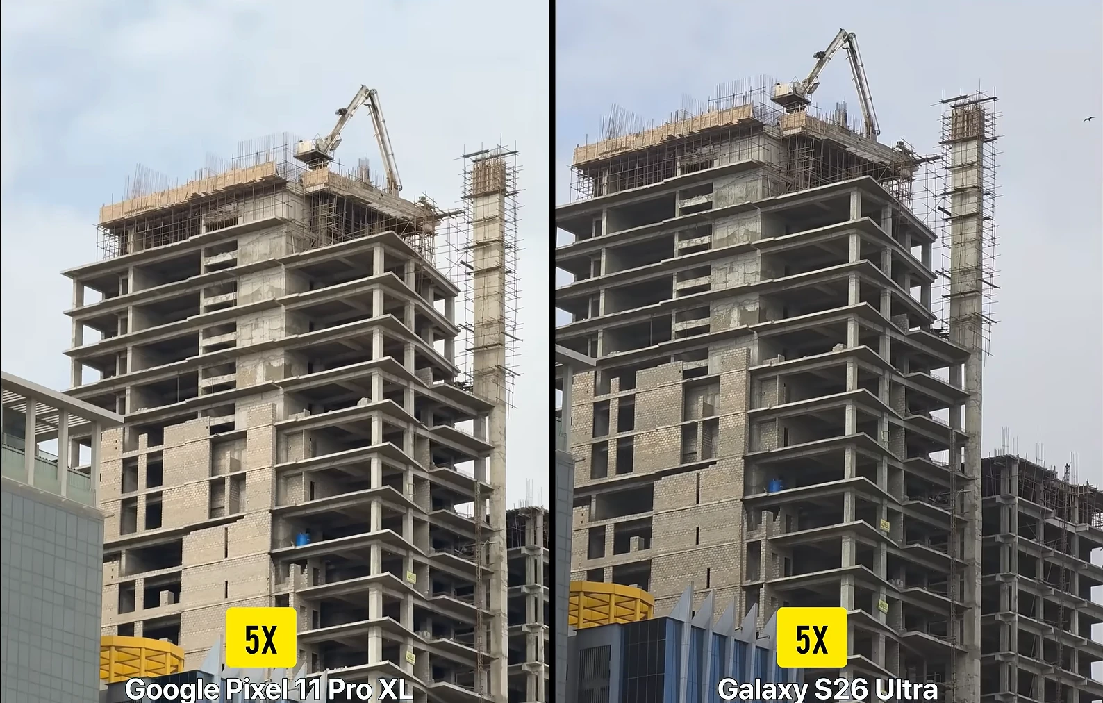 Comparison of Google Pixel 11 Pro XL and Galaxy S26 Ultra zoom on a construction site at 5x magnification.