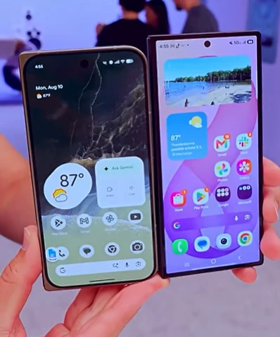 Google Pixel 11 Pro Fold and Samsung Galaxy Z Fold8 Ultra side by side showcasing their displays.
