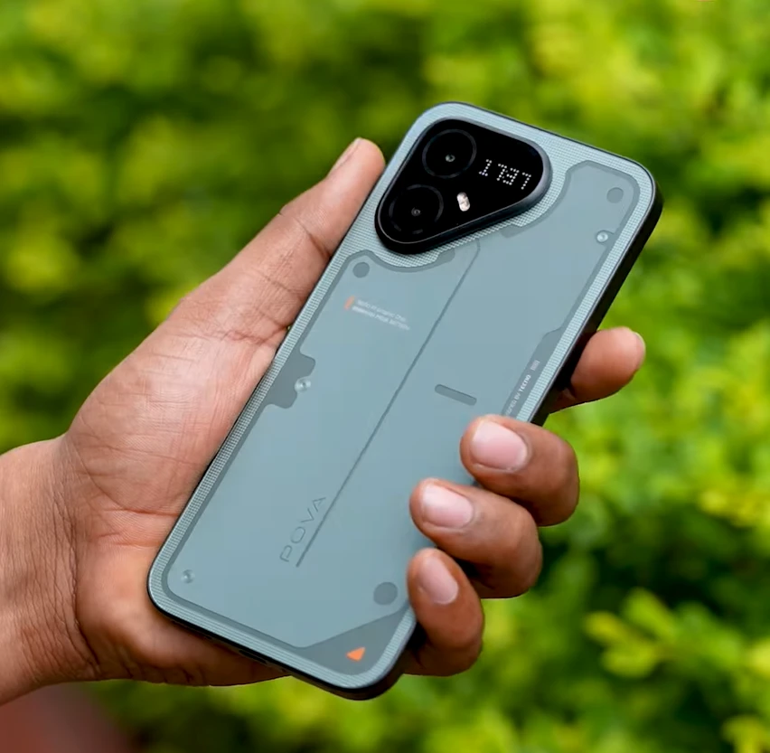 Tecno Pova 8 Pro 5G smartphone held in hand, showcasing its unique design and features.