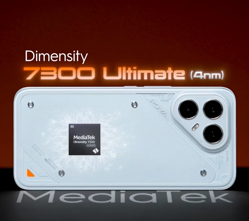 Tecno Pova 8 Pro 5G smartphone showcasing MediaTek Dimensity 7300 chip and sleek design.