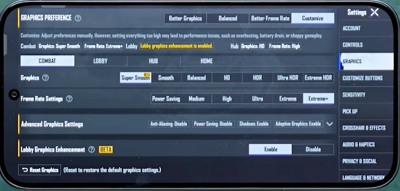 Gaming smartphone settings showing graphics preferences and enhancements for optimal performance.