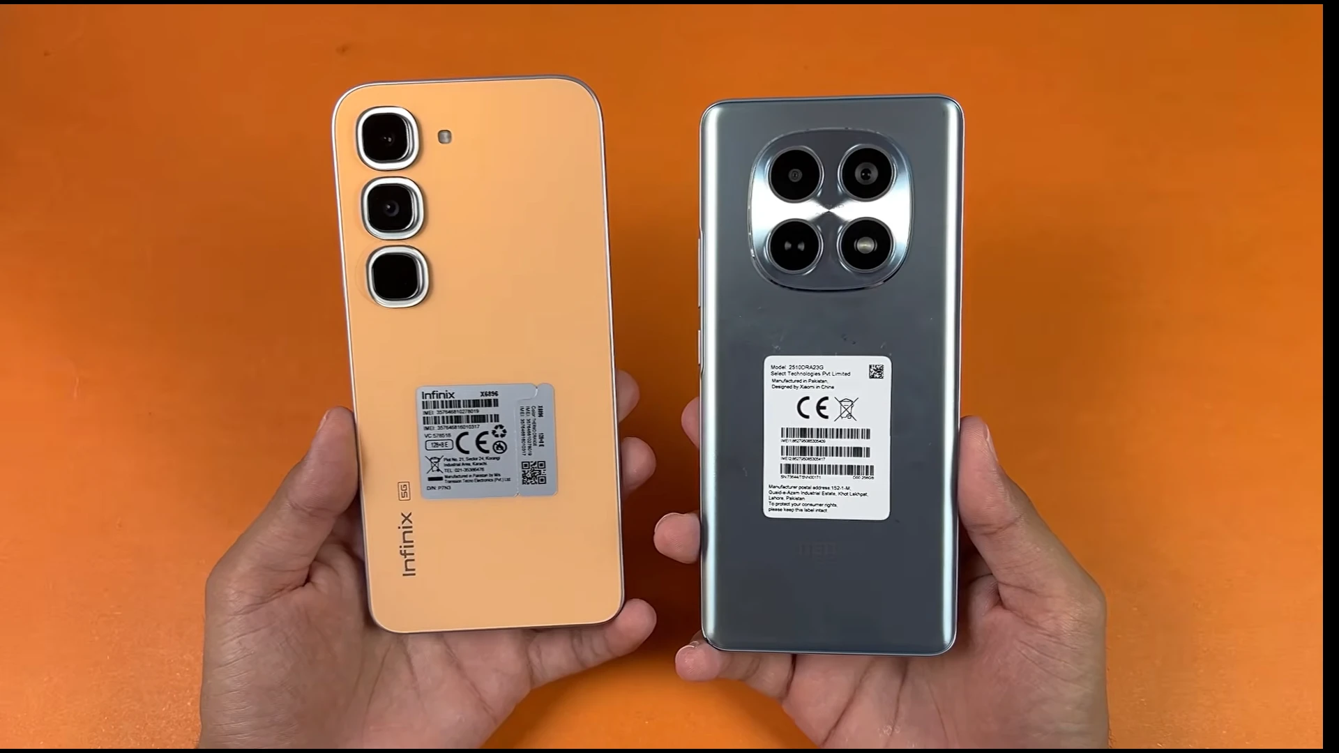 Infinix Hot 70 Pro and Redmi Note 15 smartphones comparison on orange background