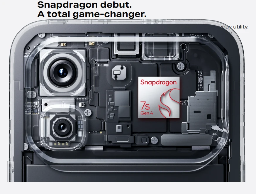 Close-up of Snapdragon 7s Gen 4 chipset inside a smartphone with camera modules.