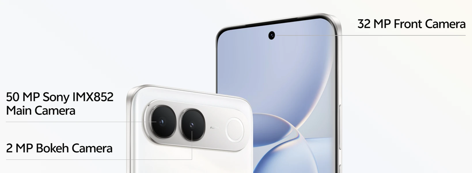 Vivo V80 Lite smartphone showcasing 50 MP main camera and 32 MP front camera specifications.