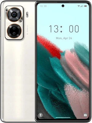 Smartphone with dual cameras and colorful display showing time and date.