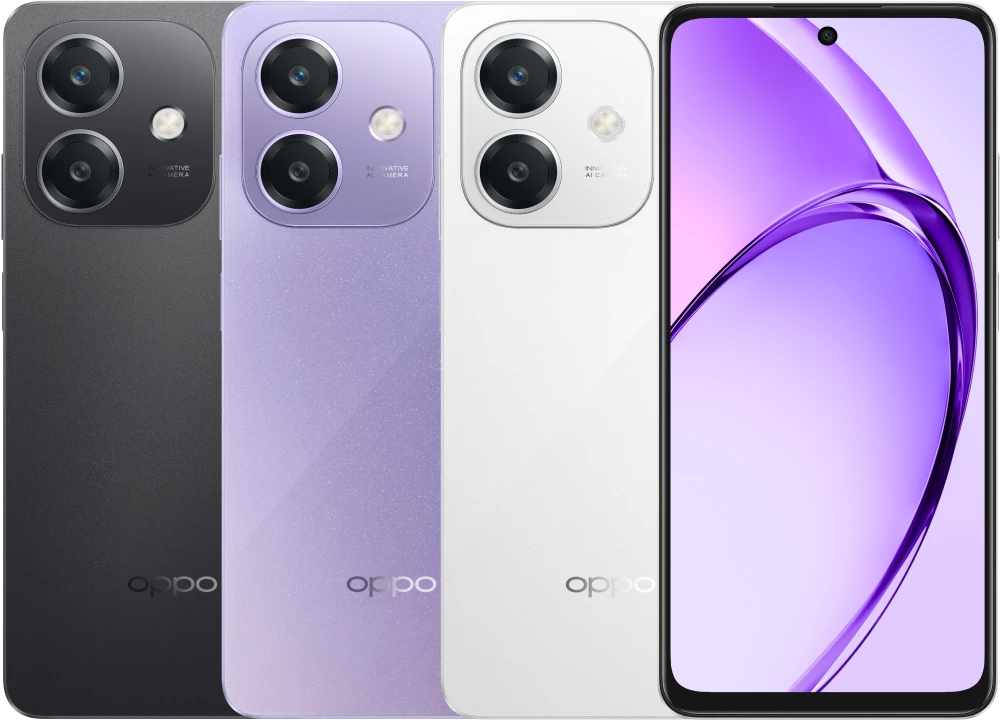 Three Oppo smartphones in black, purple, and white colors with dual cameras and a vibrant display.