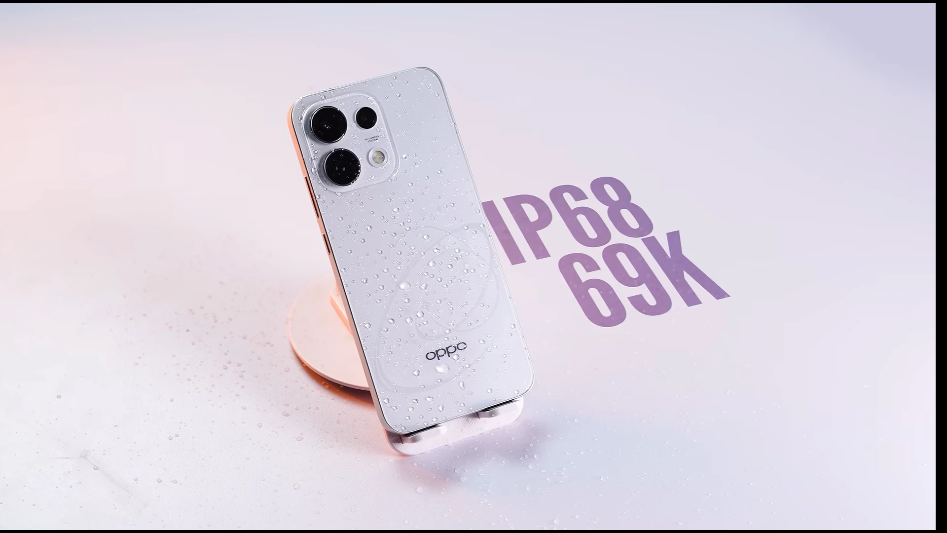 Oppo Reno 16F smartphone with water droplets showcasing IP68 rating