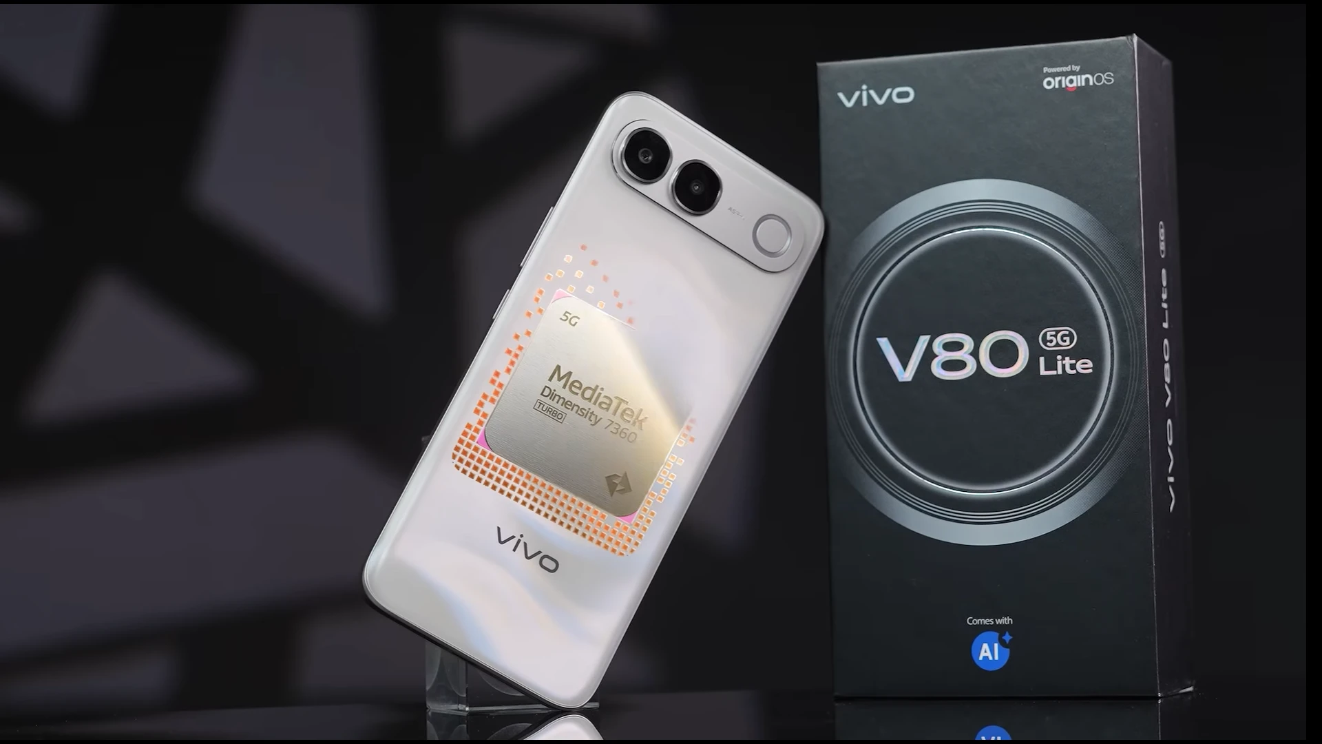 Vivo V80 Lite smartphone showcasing MediaTek Dimensity 360 chipset with packaging in background