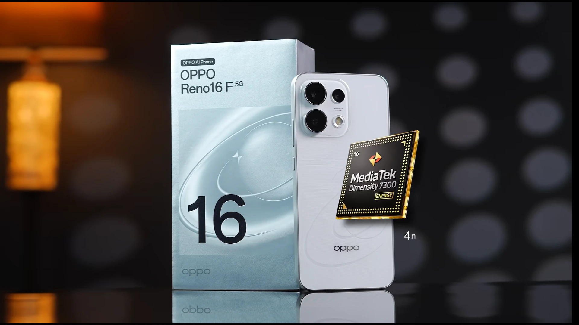 Oppo Reno16 F smartphone with MediaTek Dimensity 7300 chipset box on a blurred background