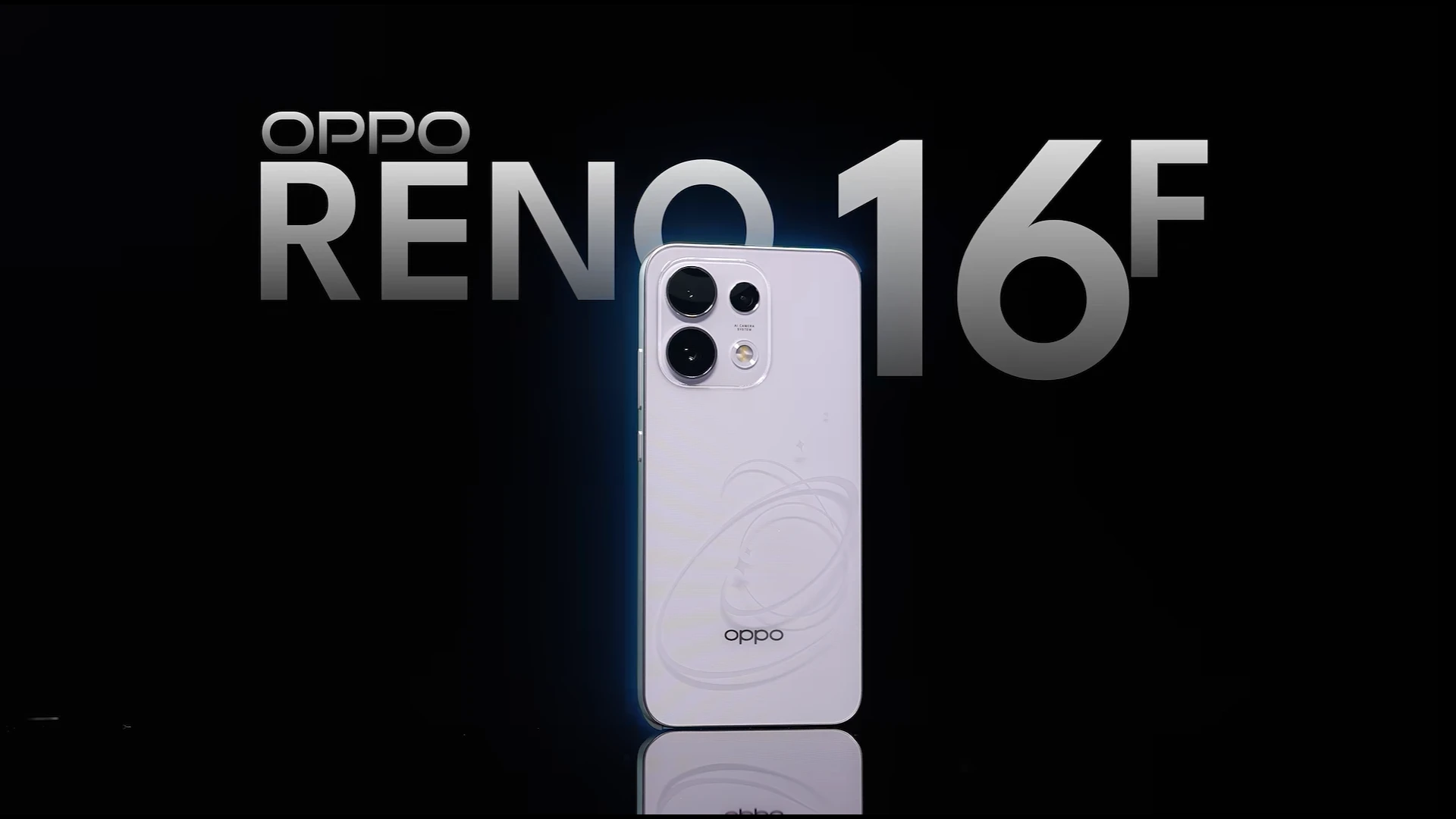 Oppo Reno 16F smartphone displayed against a black background with branding